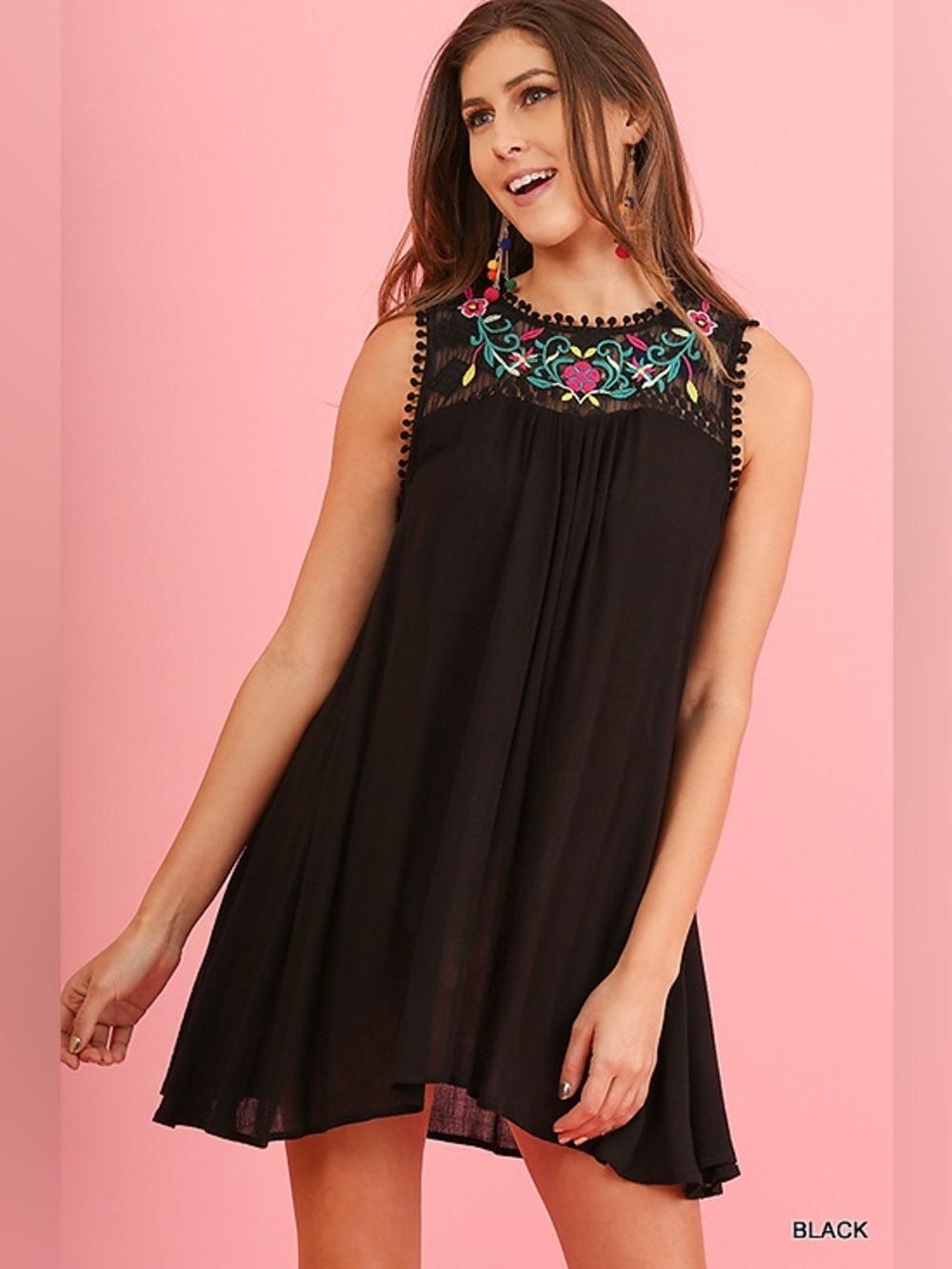 Umgee Embroidered Gauze Swing Dress | Black Boho Floral Lace Pom Pom Trim | Medi